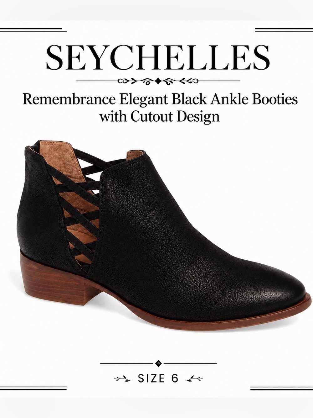 SEYCHELLES Remembrance Elegant Black Ankle Booties with Cutout Design/size 6